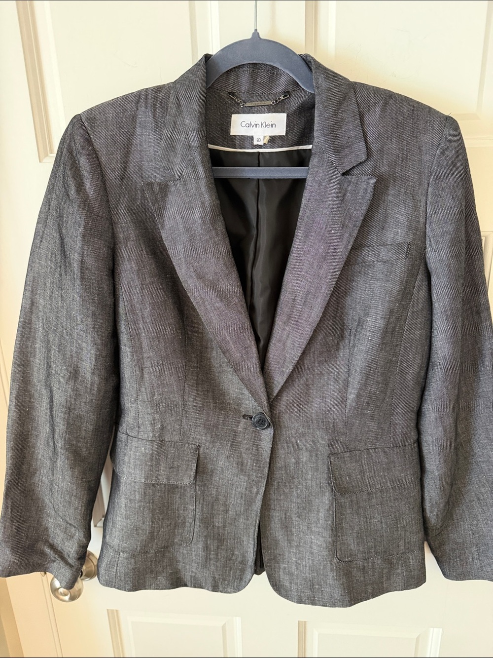 Calvin Klein Women's Heathered Charcoal Linen Blend Single-Button Blazer Size 10